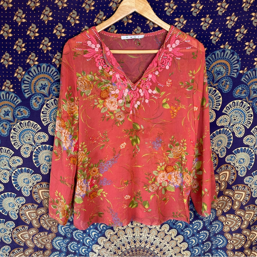 100% silk CAbi orange floral blouse